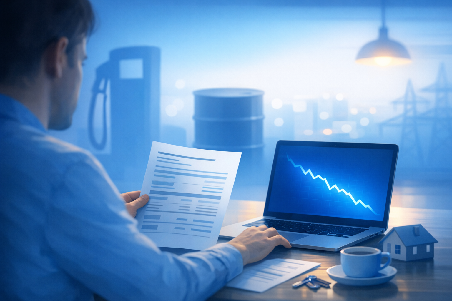 Homebuyer reviewing mortgage paperwork as bond market chart drops and energy imagery appears