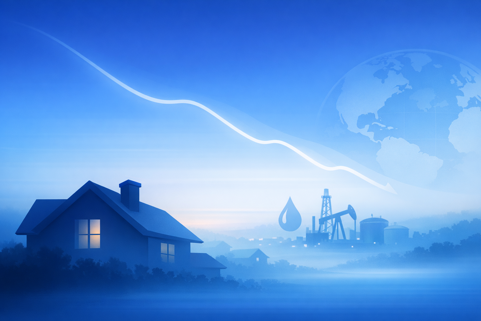 Home silhouette with falling line chart, oil icon, and subtle global map backdrop