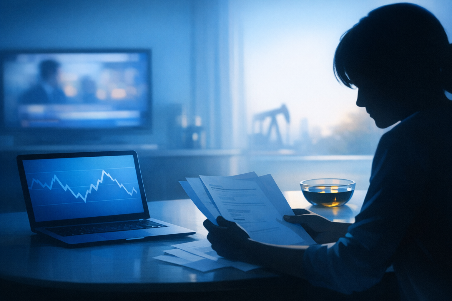Buyer reviewing mortgage paperwork as market news and oil price cues sit nearby.