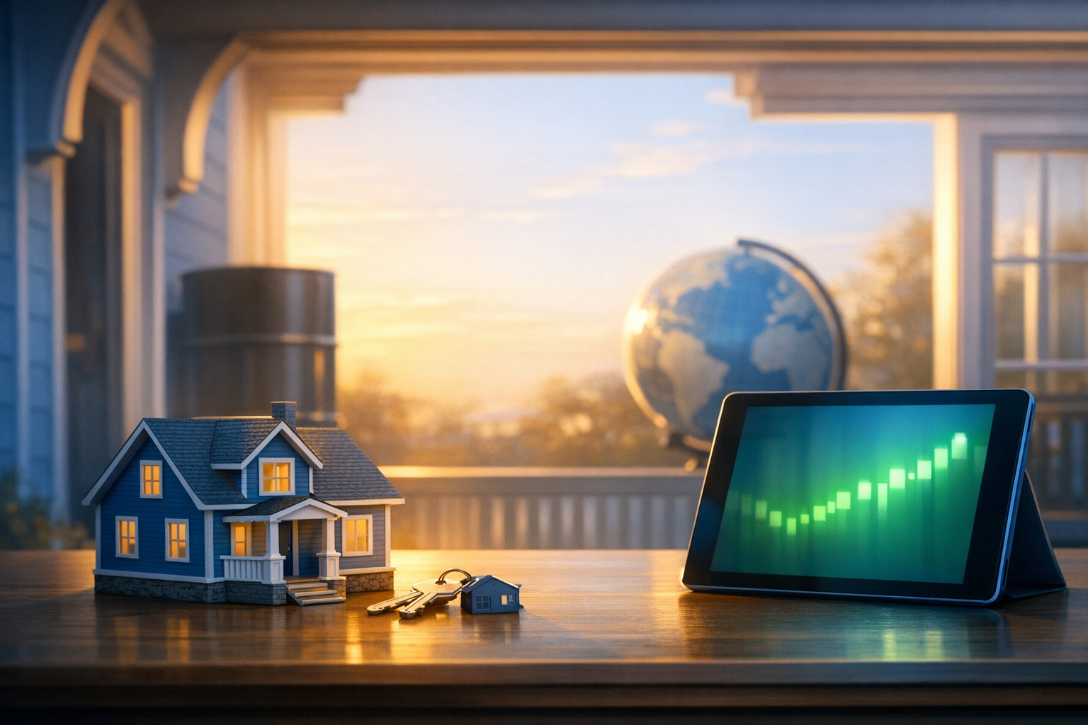 House model and keys beside green market screen with subtle oil and globe symbols