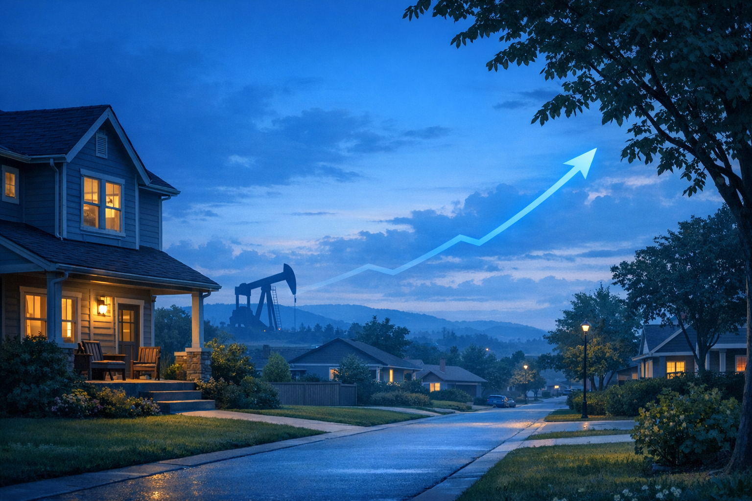 Suburban home under cloudy sky with subtle oil and upward trend symbolism