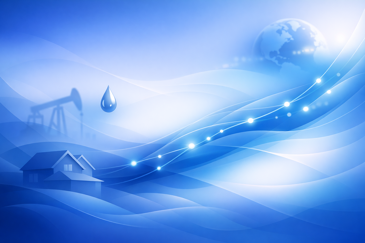 Homebuyers reviewing loan papers as market chart rises and oil imagery appears