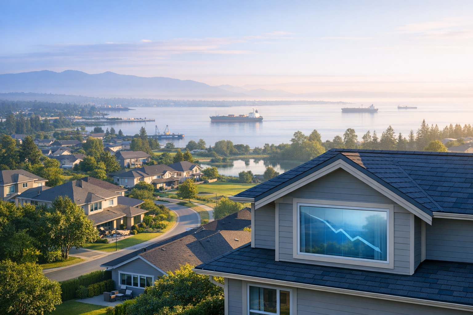 Home exterior with soft light and subtle downward chart reflecting easing mortgage rates