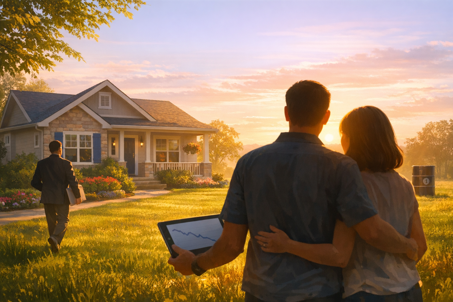 Home exterior with subtle downward trend line, signaling slightly easing mortgage rates today