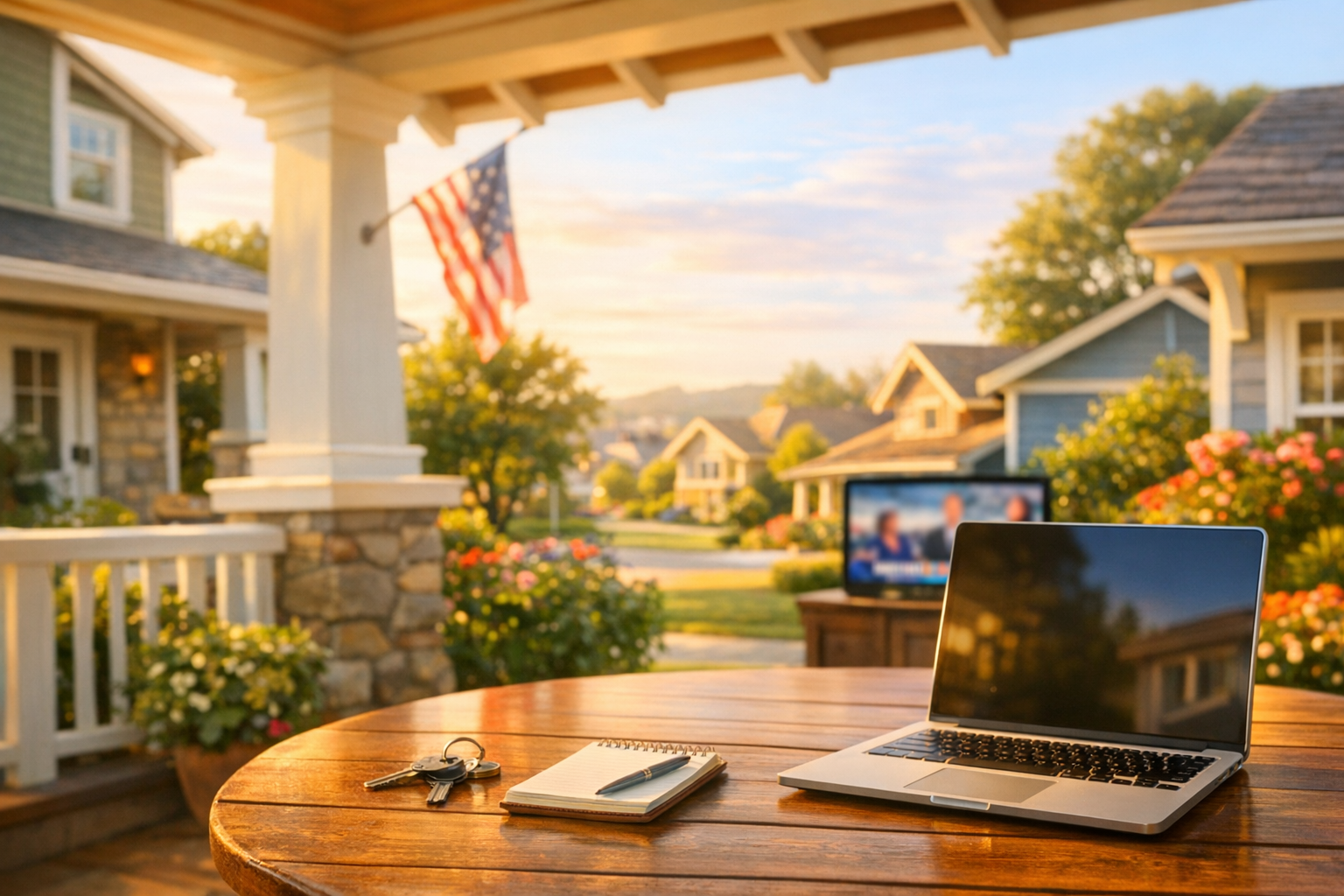 Laptop chart rising beside house keys and notepad, news blurred in background.