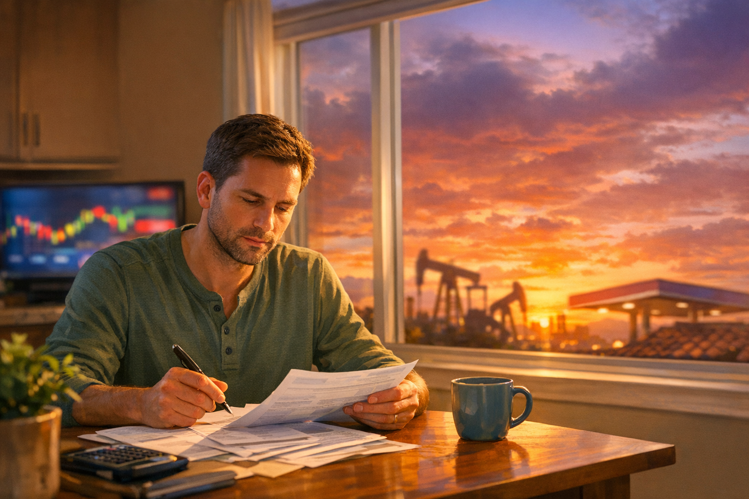 Homebuyer reviewing loan papers as oil and market volatility loom outside