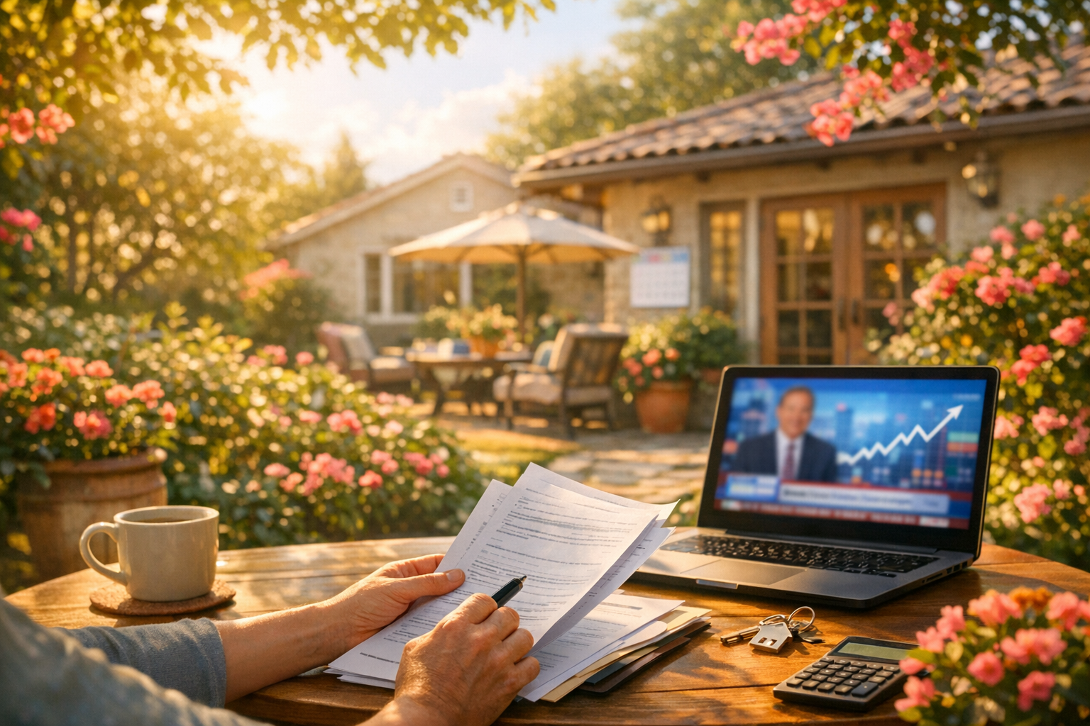 Buyer reviewing mortgage paperwork while laptop shows rates trending slightly higher