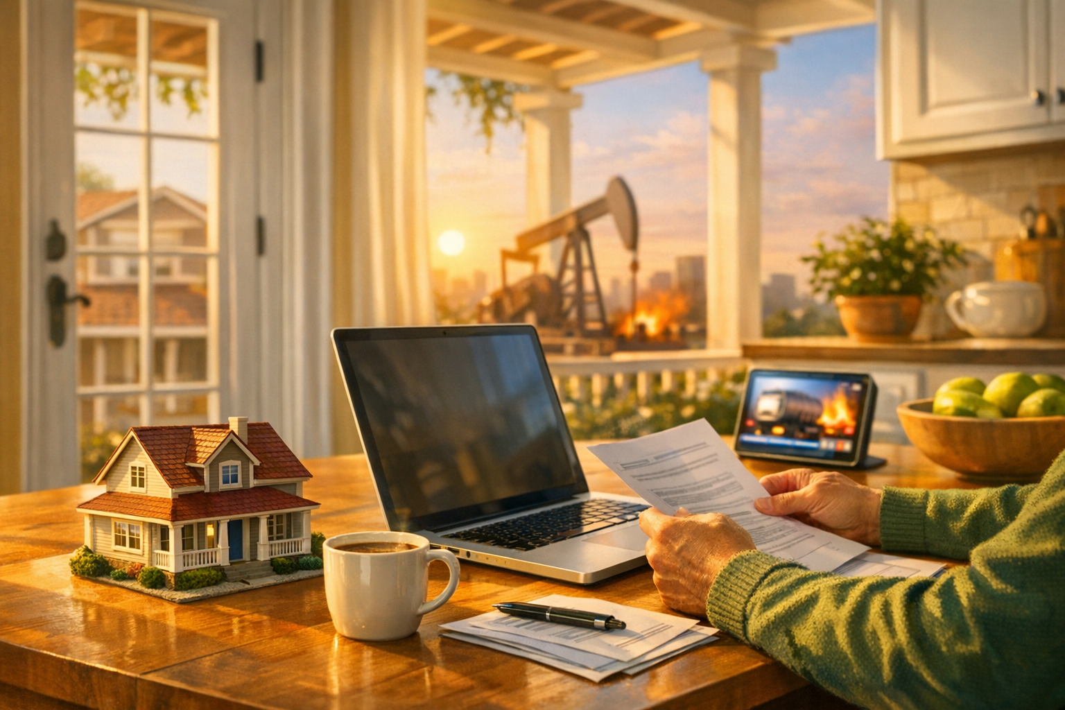 Homebuyer reviews mortgage rates on laptop with house model and morning coffee