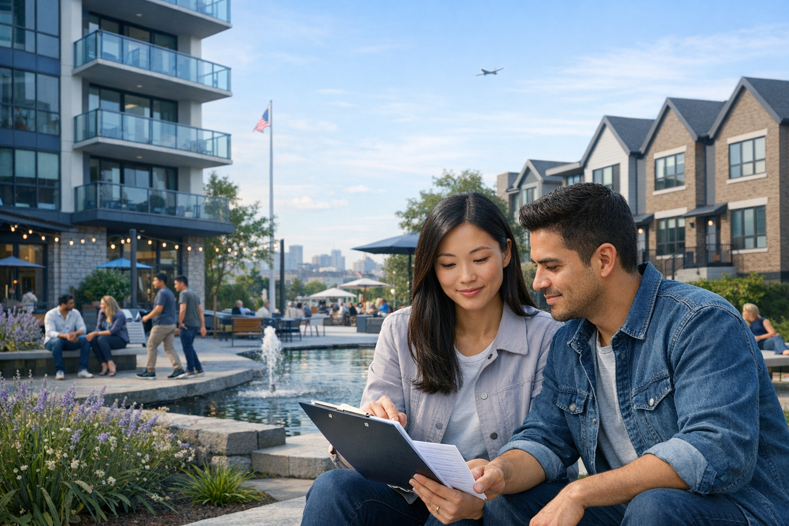 Multiracial couple reviewing mortgage options outside condos and townhomes after calmer market news