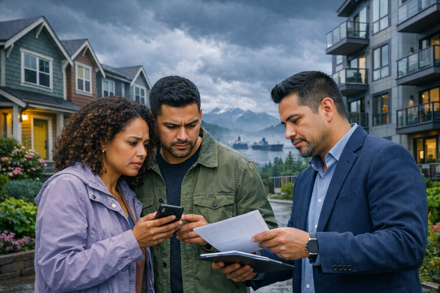 Multiracial buyers and agent outside townhome as inflation and oil risks loom