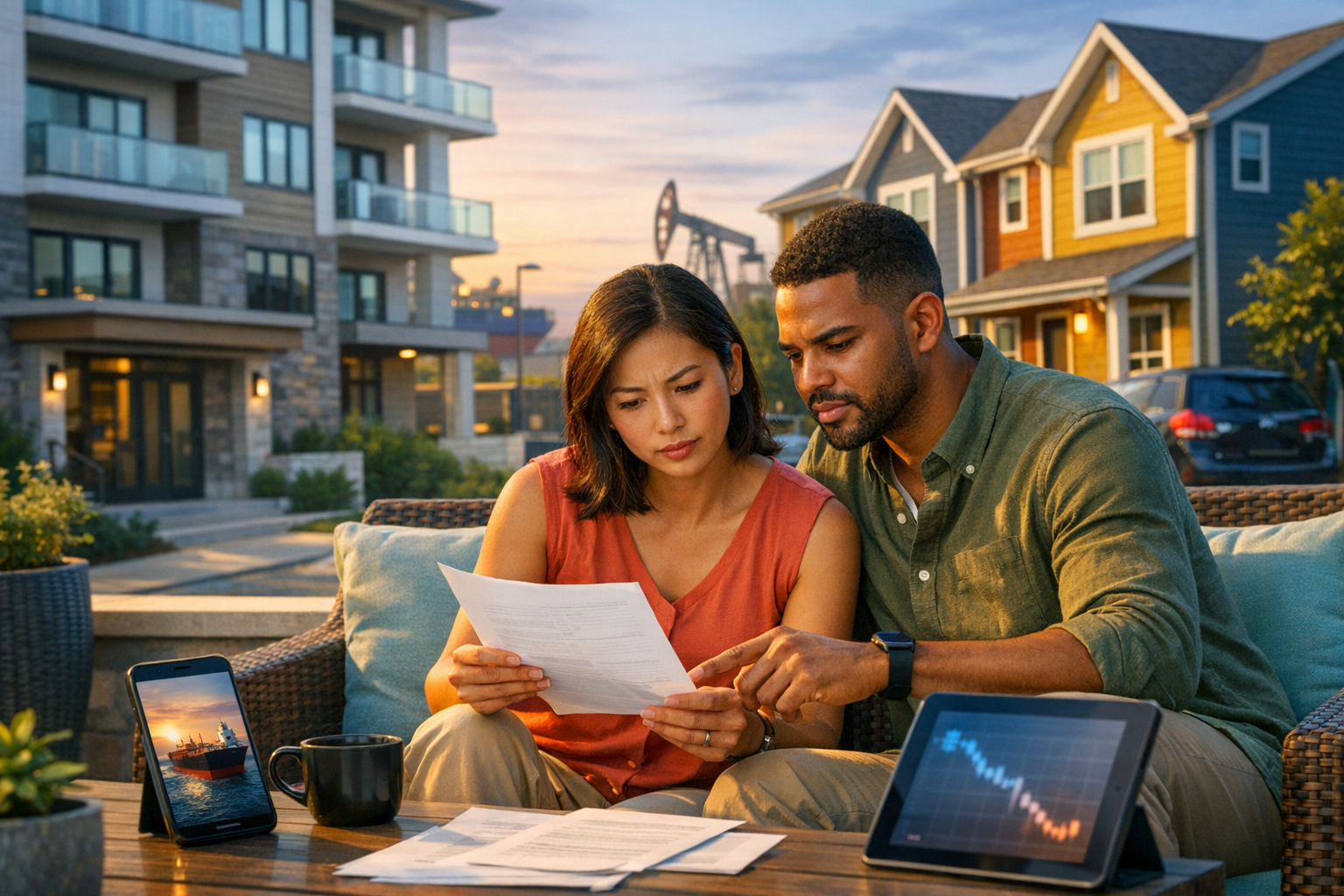 Couple reviews mortgage papers outside condos as oil-driven inflation clouds rate outlook.