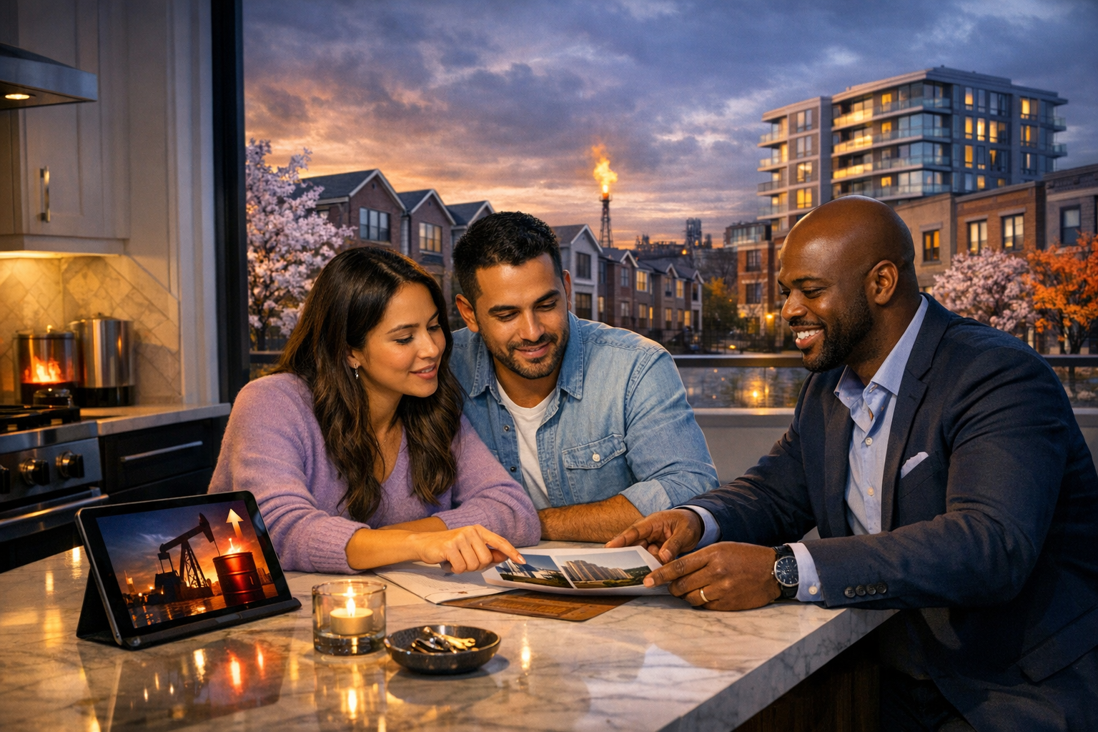 Hispanic buyers and Black agent reviewing condo options as mortgage rate pressure builds