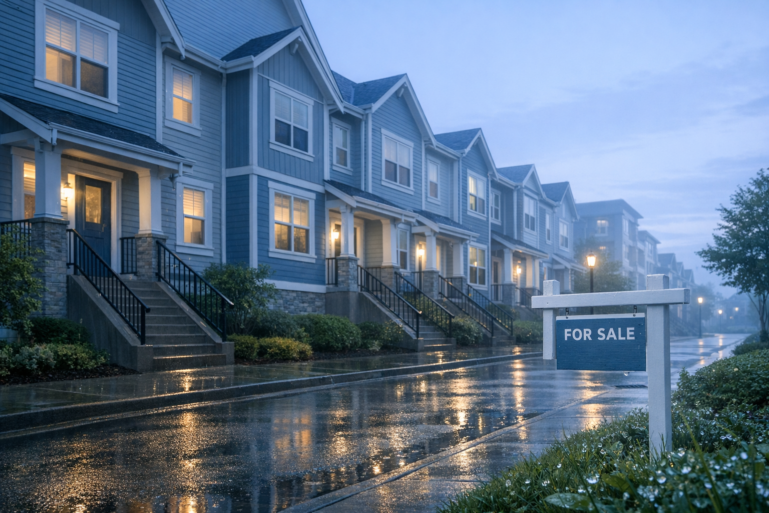 Townhomes with a for-sale sign in cool morning light