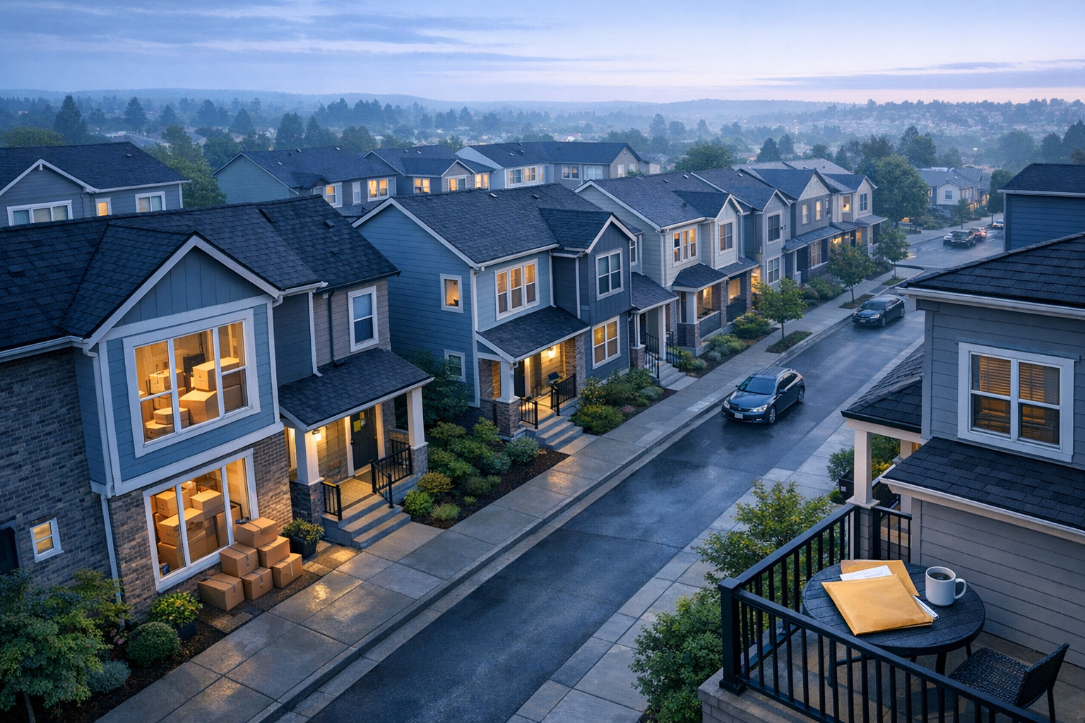 Townhouse exterior with moving boxes and loan paperwork, symbolizing buyers and refinancing choices