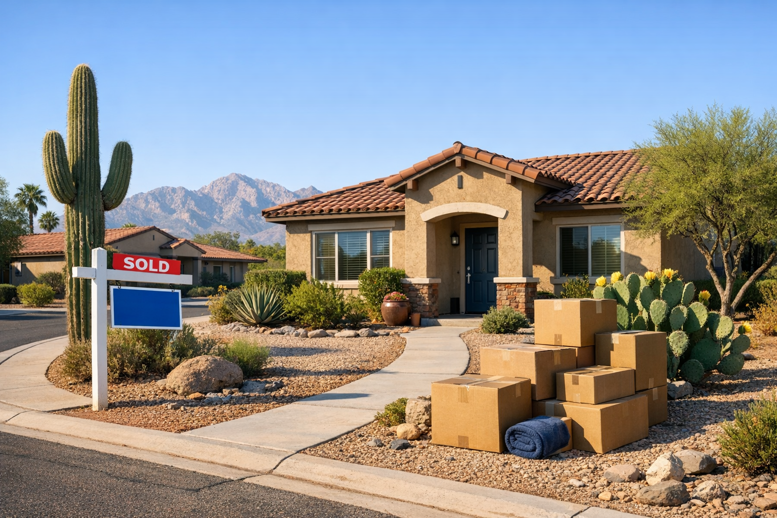 Arizona home with moving boxes and sold sign during a calm mortgage rate week